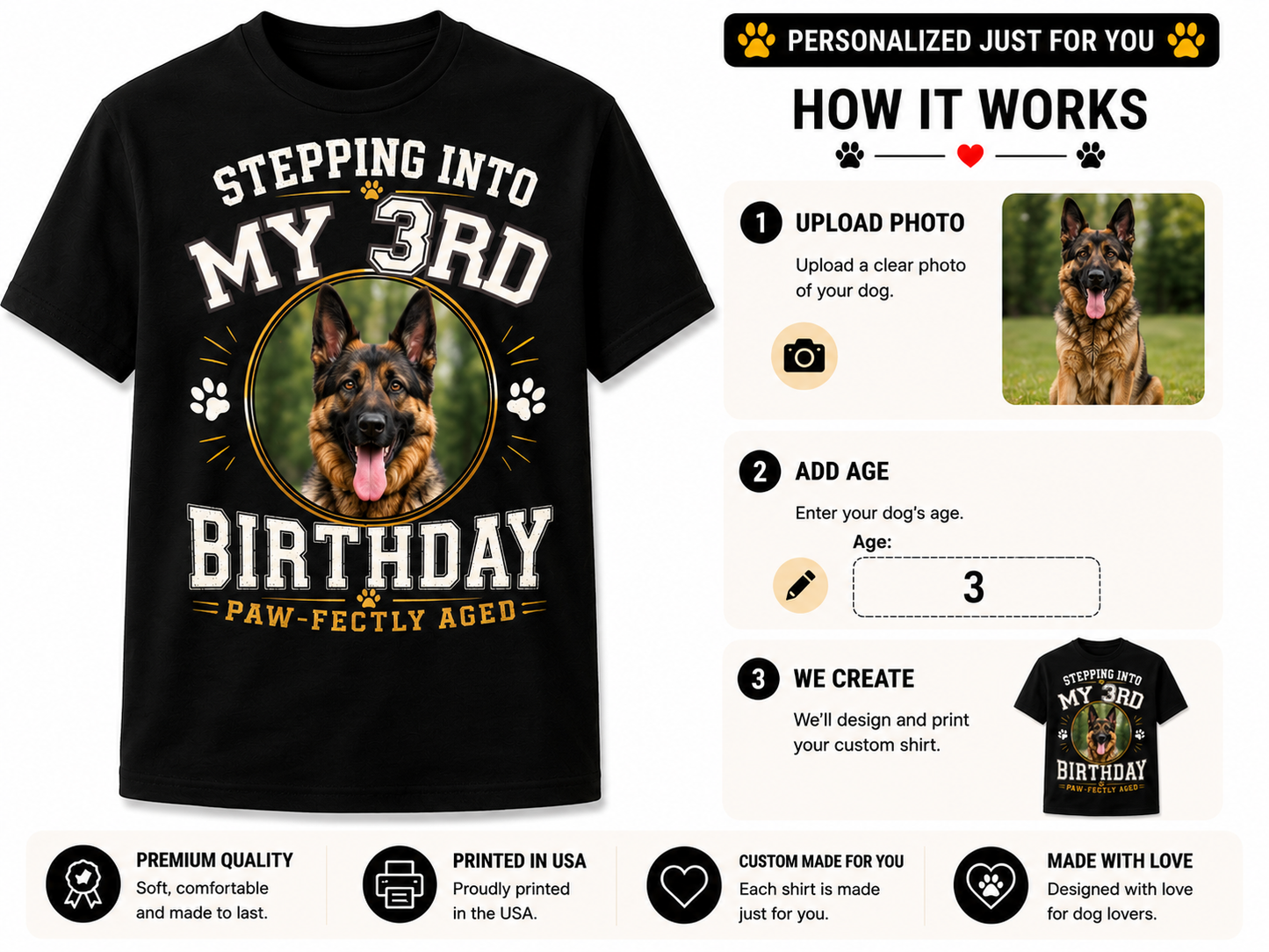 PHOTO PERSONALIZATION-STEPPING BIRTHDAY PAW-FECTLY AGED UNISEX SHIRT