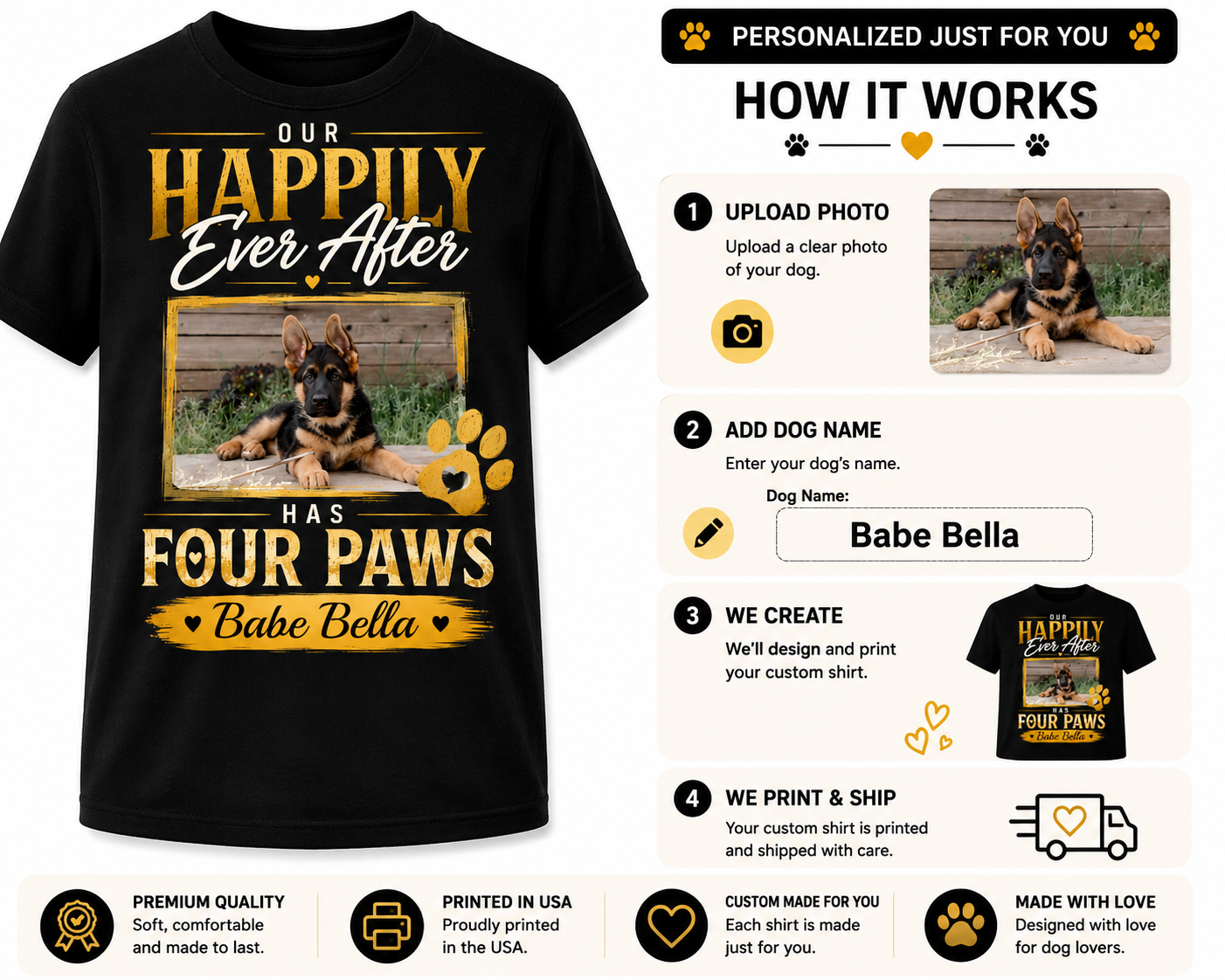 PHOTO PERSONALIZATION-OUR HAPPILY EVER AFTER HAS FOUR PAWS UNISEX SHIRT